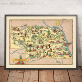 Carte picturale du Nebraska par Ruth Taylor White, 1935 : Omaha, Lincoln, rivière Platte, Sandhills, chemins de fer 