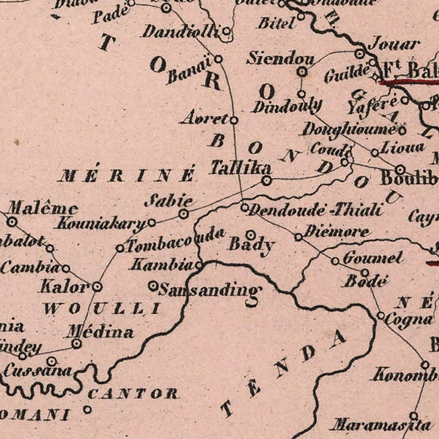Mappa Antica del Senegal (Africa Francese) di Vuillemin, 1869: Dakar, Saint-Louis, Fiumi Senegal e Gambia, Coloniale 