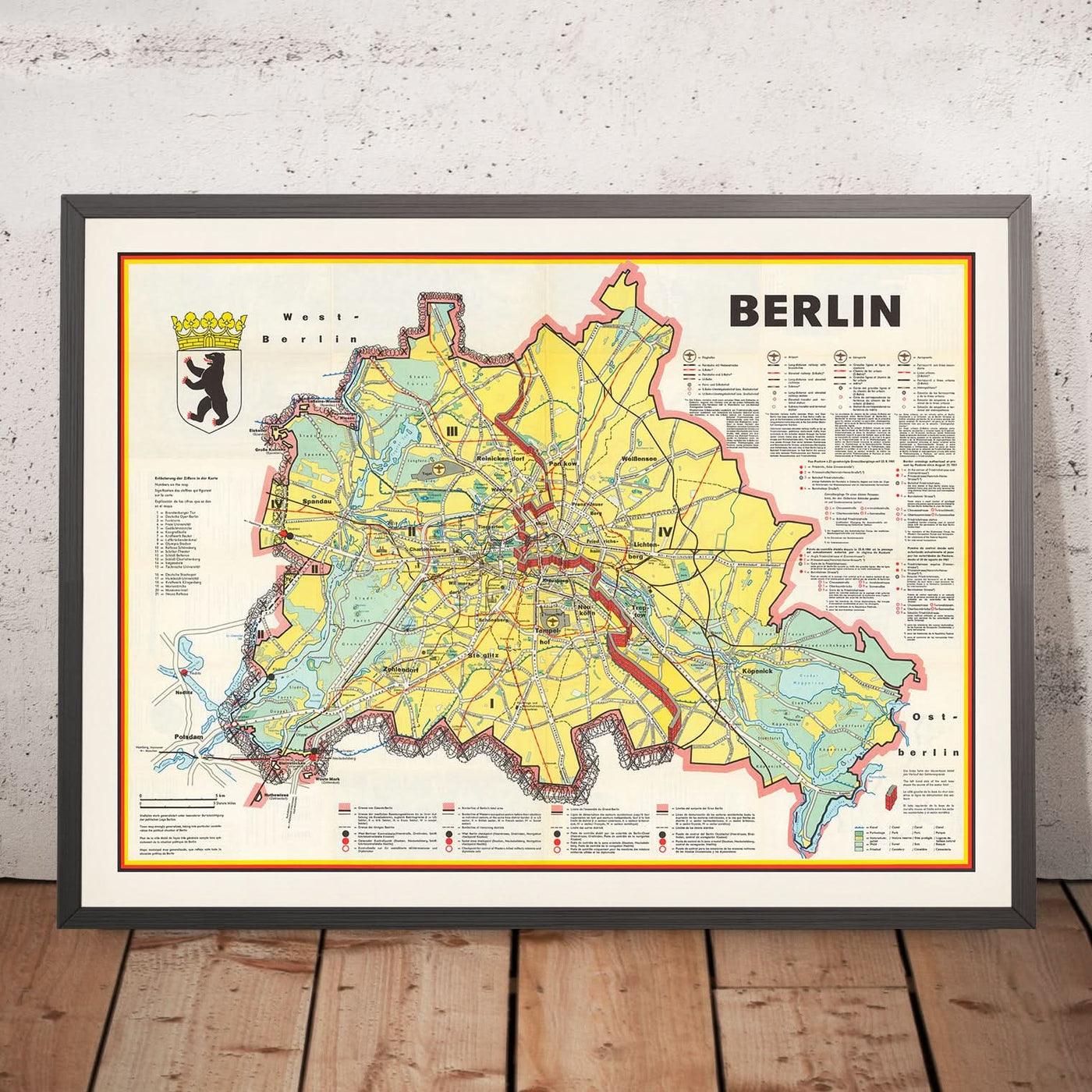 Mapa antiguo de Berlín, 1963: Muro de Berlín, Puerta de Brandenburgo, Tiergarten, Kreuzberg, Kurfürstendamm