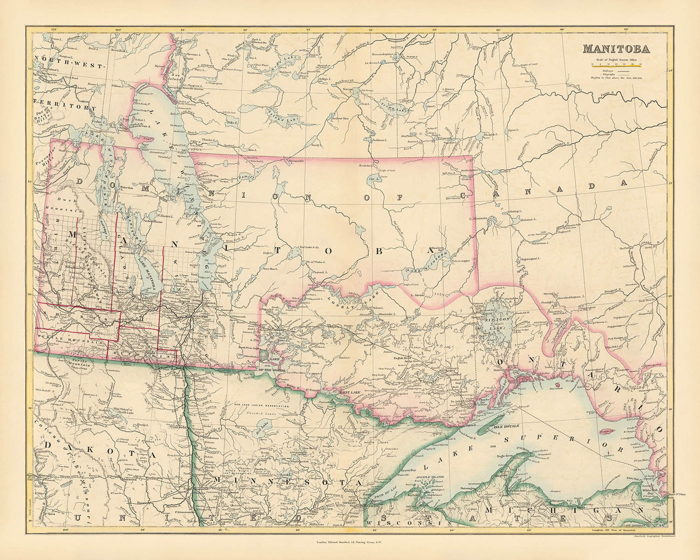 Old Map of Manitoba by Arrowsmith, 1884: Winnipeg, Red River, Lake Winnipeg, Railroads, Borders