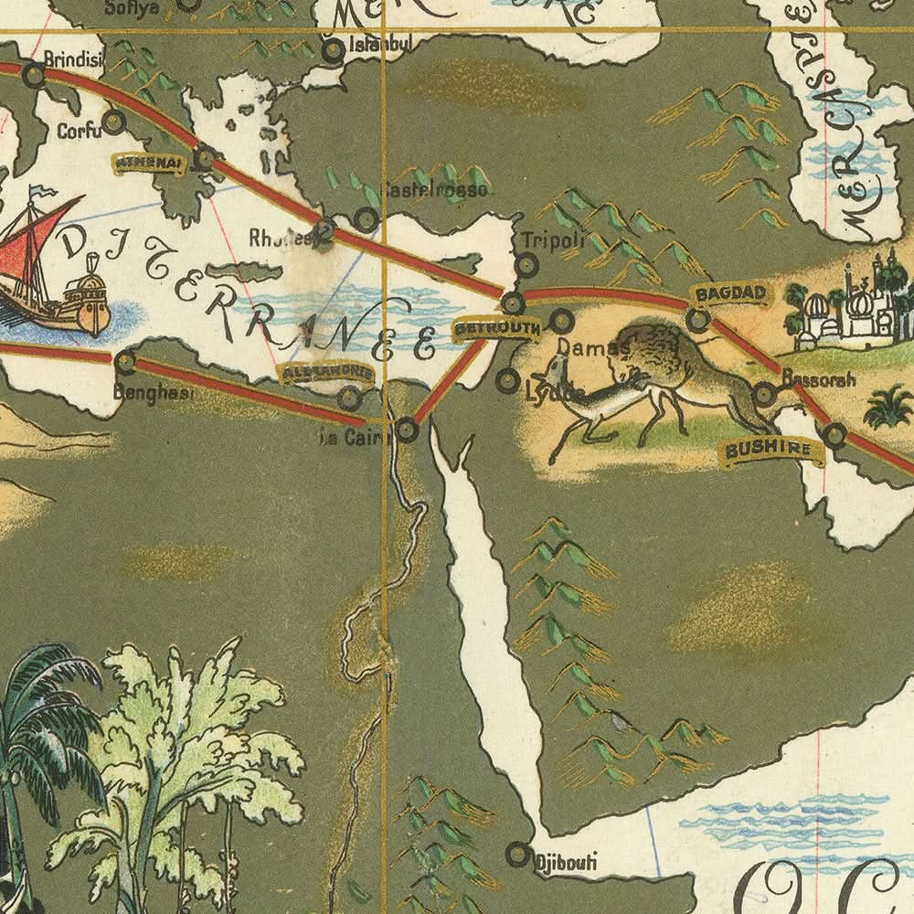 Carte des routes d'Air France par Boucher, 1939 : style pictural, début de l'aviation, portée mondiale