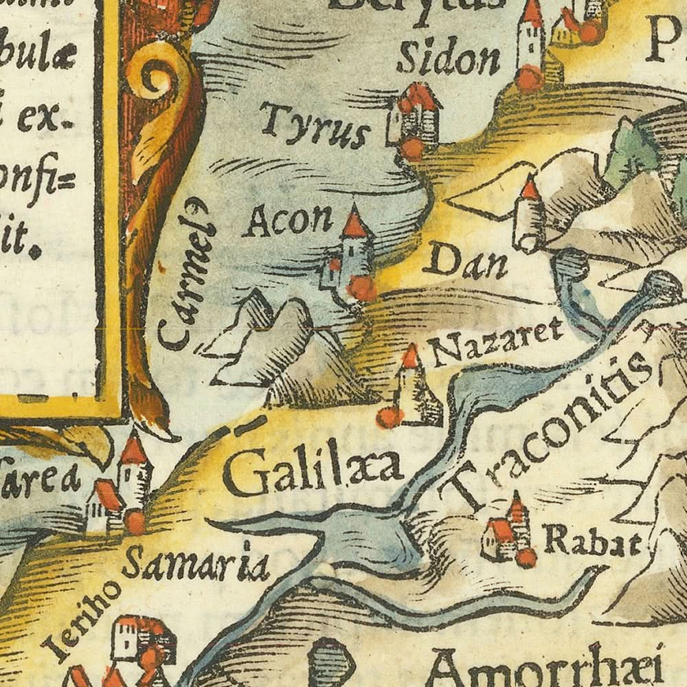 Ancienne carte de Chypre et de la Terre Sainte par Münster, 1554 : Jérusalem, mont Sinaï, Médine, voiliers, monts Taurus.