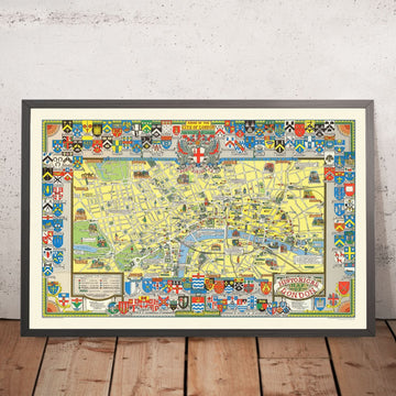 Ancienne carte picturale de Londres par Bullock, 1965 : Blasons, monuments, Westminster, Ville 