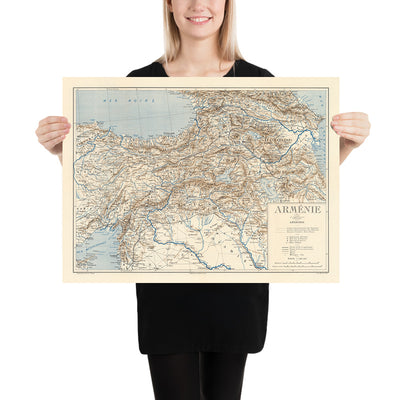 Old Map of Armenia by Khanzadian, 1919: Yerevan, Mount Ararat, Lake Van, Lake Sevan, Railways