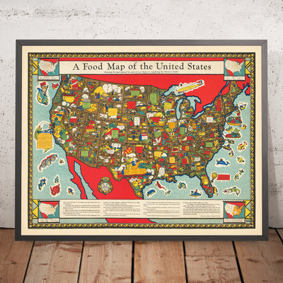 Old Food Map of the USA, 1932: Poultry, Agriculture, Meats, Fish, Sea Creatures