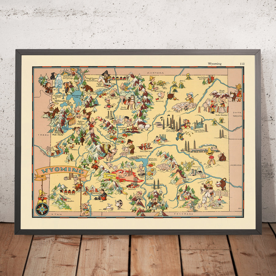 Mappa pittorica del Wyoming di Ruth Taylor White, 1935: Yellowstone, Grand Teton, Continental Divide, Wind River Range, Monti Bighorn 