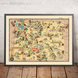 Carte picturale du Wyoming par Ruth Taylor White, 1935 : Yellowstone, Grand Teton, Continental Divide, Wind River Range, Bighorn Mountains 