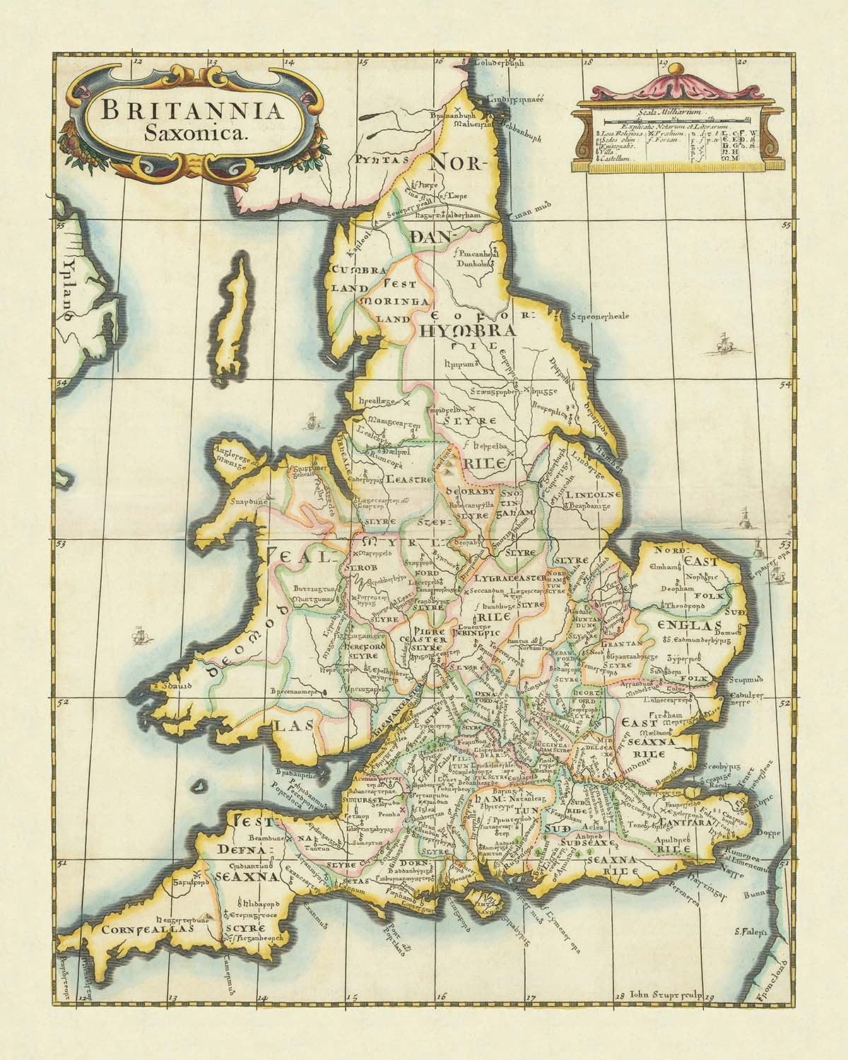 Old Map of Saxon Kingdoms and Counties in England & Wales by Morden, 1695: Wessex, Mercia, York