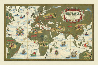 Mapa del Viejo Mundo de las rutas de Air France de Boucher, 1939: estilo pictórico, aviación temprana, alcance global