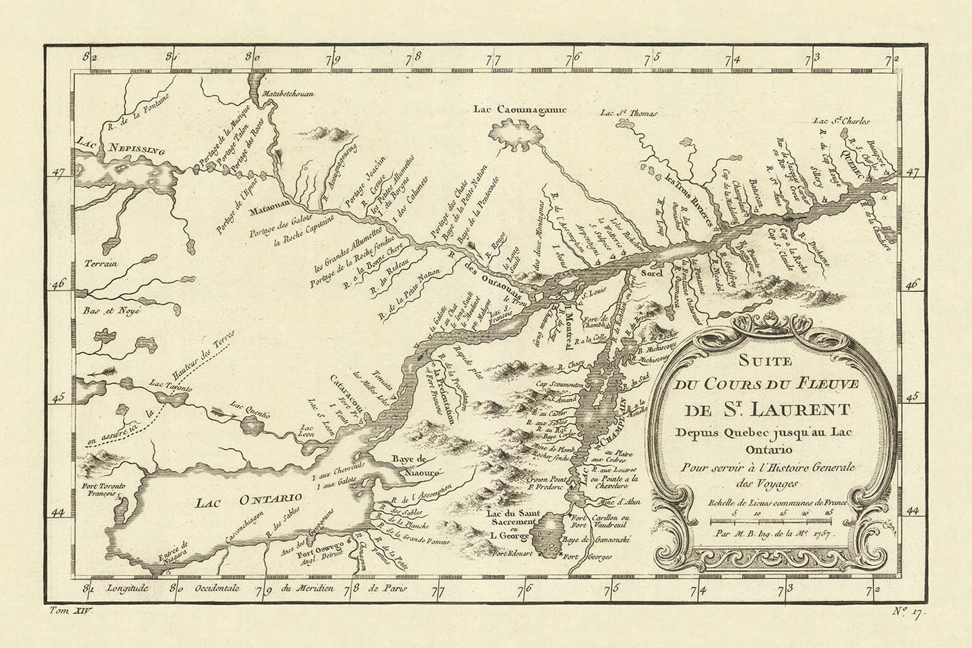 Old Map of Quebec and Ontario by Bellin, 1757: St. Lawrence River, Lac Ontario, Lac Champlain, Fort Carillon, Fort Edward