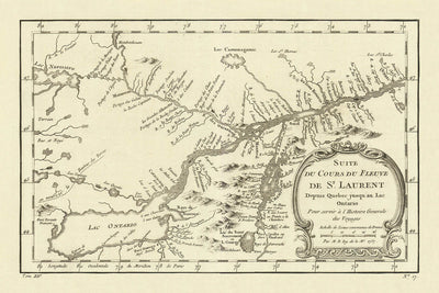 Old Map of Quebec and Ontario by Bellin, 1757: St. Lawrence River, Lac Ontario, Lac Champlain, Fort Carillon, Fort Edward