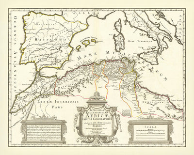 Old Map of Ancient North Africa & Europe by Buache, 1745: Trade Routes, Mediterranean, Balearics