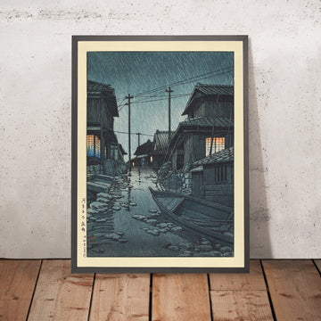 Una imagen enmarcada de Night Rain at Kawarago de Hasui Kawase, 1935