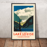 Póster de viaje del Parque Nacional Banff: Lake Louise en las Montañas Rocosas canadienses 