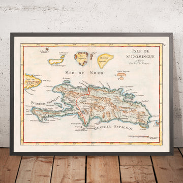 Antica mappa di Haiti e Repubblica Dominicana di Le Rouge, 1748: Santo Domingo, Les Cayques, Turks & Caicos 