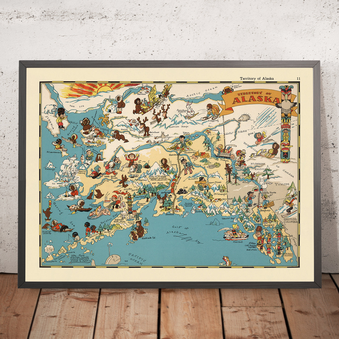 Pictorial Map of Alaska by Ruth Taylor White, 1935: Anchorage, Fairbanks, Yukon River, Glaciers, Aleutians