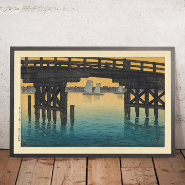 Una imagen enmarcada del puente Kaminohashi en Fukagawa, Tokio, de Hasui Kawase, 1935
