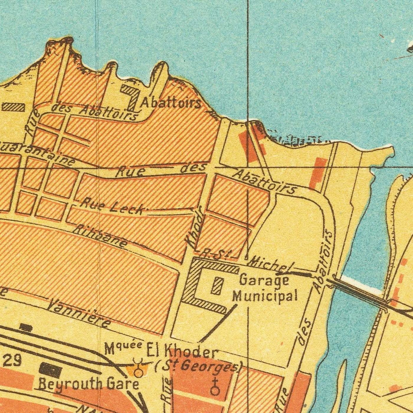 Plano de la ciudad antigua de Beirut, 1949: Hotel Normandy, Hipódromo, Bosque de pinos, Puerto de Beirut, Líneas de ferrocarril