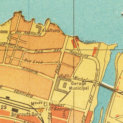 Plano de la ciudad antigua de Beirut, 1949: Hotel Normandy, Hipódromo, Bosque de pinos, Puerto de Beirut, Líneas de ferrocarril