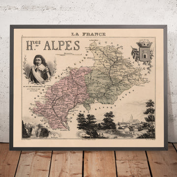 Old Map of Hautes-Alpes by Vuillemin, 1869: Gap, Briançon, Embrun, Alpine Peaks, Coats-of-Arms
