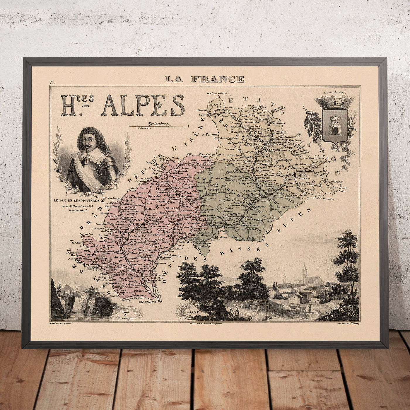 Old Map of Hautes-Alpes by Vuillemin, 1869: Gap, Briançon, Embrun, Alpine Peaks, Coats-of-Arms