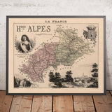 Old Map of Hautes-Alpes by Vuillemin, 1869: Gap, Briançon, Embrun, Alpine Peaks, Coats-of-Arms