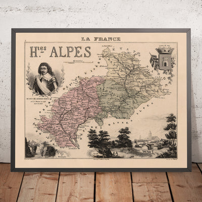 Old Map of Hautes-Alpes by Vuillemin, 1869: Gap, Briançon, Embrun, Alpine Peaks, Coats-of-Arms