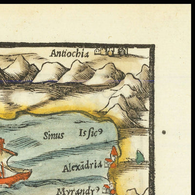 Alte Karte von Zypern und dem Heiligen Land von Münster, 1554: Jerusalem, Berg Sinai, Medina, Segelschiffe, Taurusgebirge.