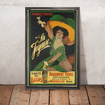 A framed image of La Joyeuse Vintage Elixir Advertising Poster, 1910