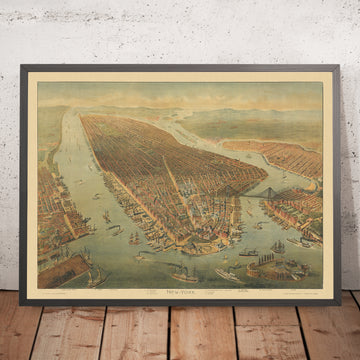 Old Birdseye Map of New York by Wachsmuth, 1898: Broadway, Central Park, Brooklyn Bridge, Governor&