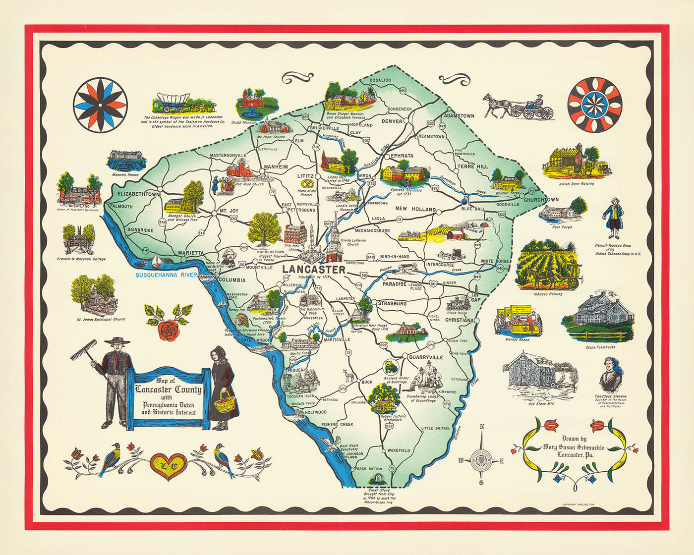 Old Map of Lancaster County, PA by Schmuckle, 1949: Ephrata, Lititz, Susquehanna & Conestoga Rivers, Amish Communities