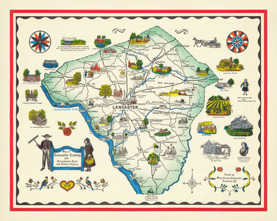Old Map of Lancaster County, PA by Schmuckle, 1949: Ephrata, Lititz, Susquehanna & Conestoga Rivers, Amish Communities
