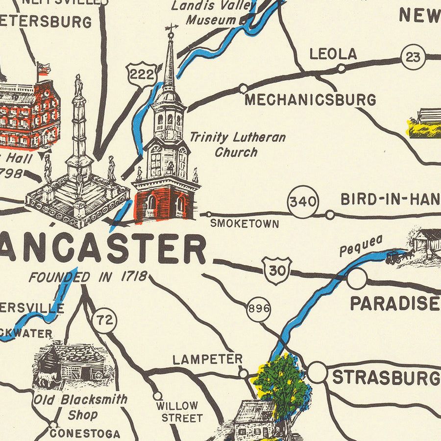 Antica mappa della contea di Lancaster, PA di Schmuckle, 1949: Ephrata, Lititz, fiumi Susquehanna e Conestoga, comunità Amish 