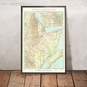 Old Map of East Africa by Touring Club Italiano, 1936: Addis Ababa, Mogadishu, Red Sea, Railways, Inset Maps