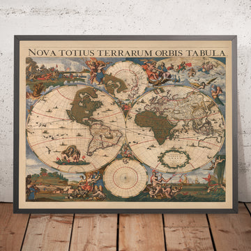 Grande œuvre maîtresse de la carte du monde par Danckerts, 1696 : Terres mythiques, bordure décorative 