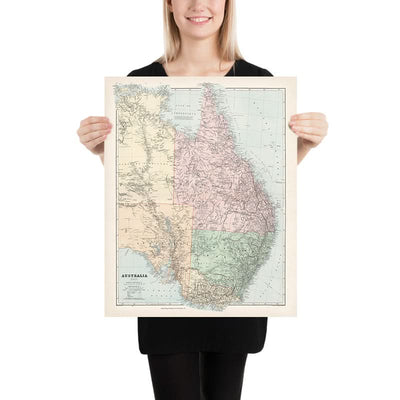 Old Map of Eastern Australia by Stanford, 1887: Sydney, Melbourne, Brisbane, Great Dividing Range, Railroads