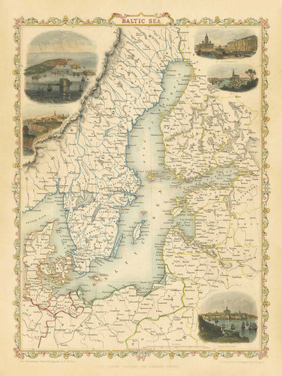 Old Map of Finland, Denmark & the Baltics by Tallis, 1851: St. Petersburg, Stockholm, Riga, Gotland, Gulf of Finland