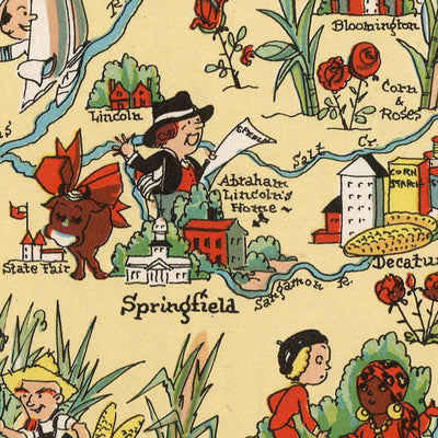 Pictorial Map of Illinois by Ruth Taylor White, 1935: Chicago, Springfield, Peoria, Mississippi & Illinois Rivers, County Boundaries