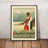 Póster de viaje de Noruega: Nordlandfahrten de Hamburg-Amerika Linie, 1933 