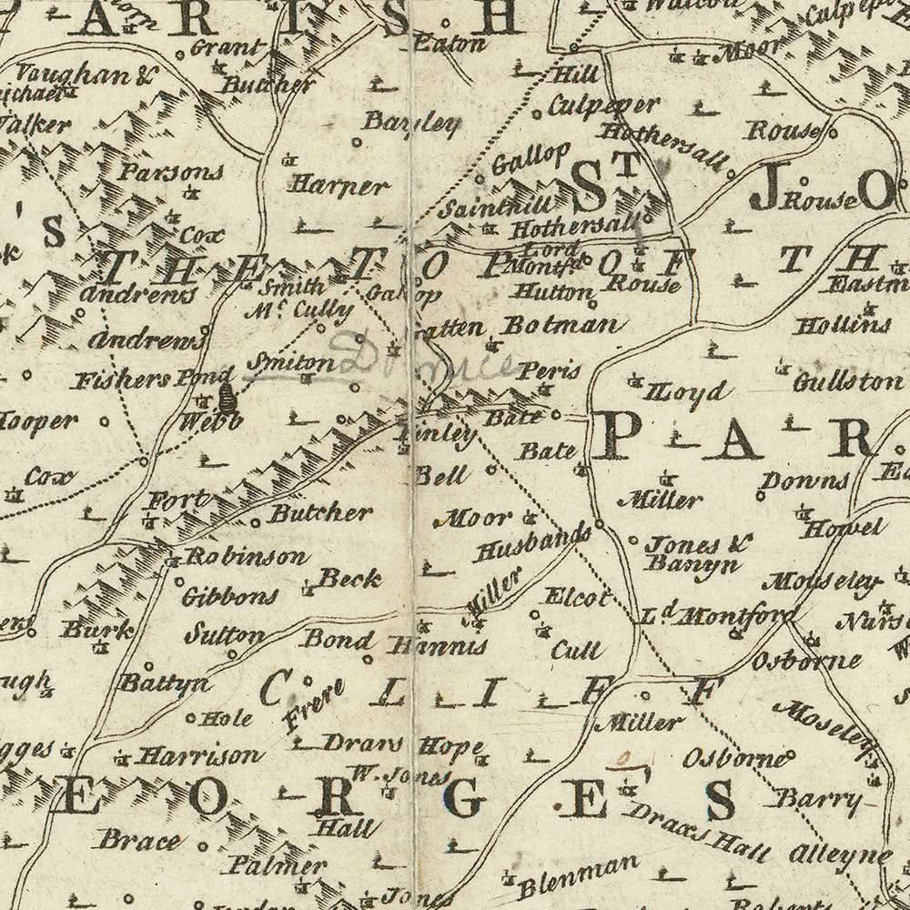 Ancienne carte de la Barbade par Jefferys, 1750 : paroisses, sucreries, églises, rivières, forts