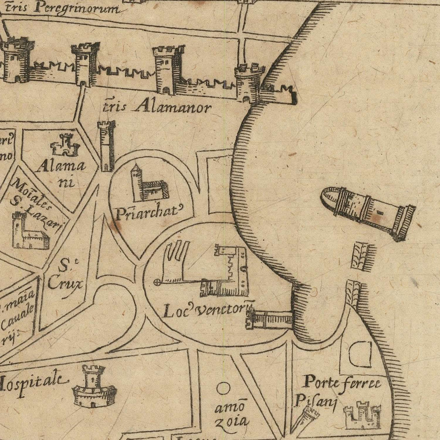 Carte ancienne d'Acre par Vesconte, 1611 : Templiers, Hospitaliers, Portus Pisani, Tours, Églises