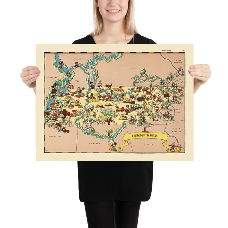Pictorial Map of Tennessee by Ruth Taylor White, 1935: Memphis, Nashville, Smoky Mountains, Mississippi & Tennessee Rivers, Musical Heritage