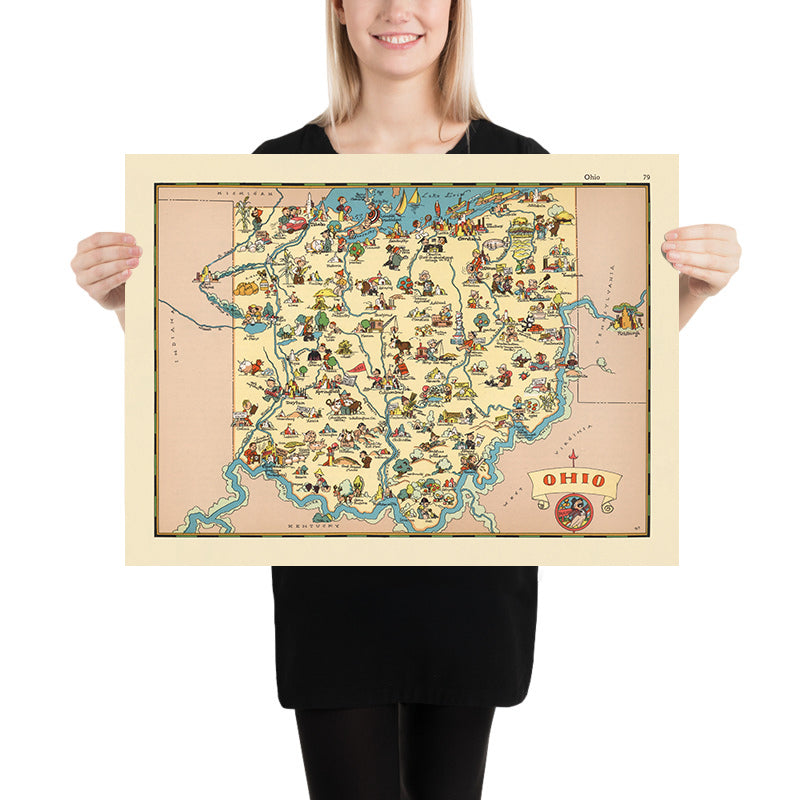 Pictorial Map of Ohio by Ruth Taylor White, 1935: Columbus, Cleveland, Cincinnati, Industry, Railroads