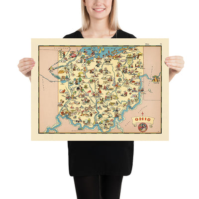 Pictorial Map of Ohio by Ruth Taylor White, 1935: Columbus, Cleveland, Cincinnati, Industry, Railroads