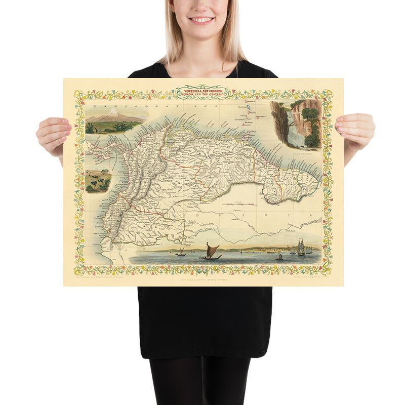 Antica mappa del Nord America del Sud di Tallis, 1851: Venezuela, Colombia, Ecuador, Guayana, Panama 