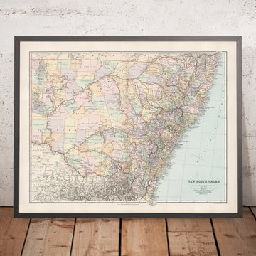 Mappa antica del Nuovo Galles del Sud di Stanford, 1904: Sydney, Newcastle, Wollongong, Ferrovie 