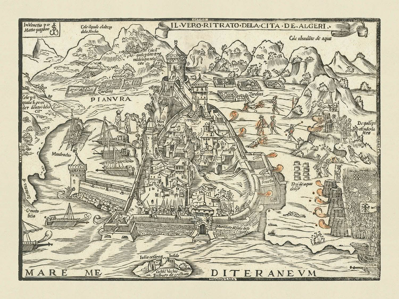 Alte Militärkarte der Belagerung von Algier 1541 durch Pagano, 1542: Algier, Mandrachio, Castel Vechio, Marinestrategie, Osmanisches Reich