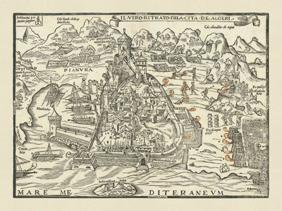 Alte Militärkarte der Belagerung von Algier 1541 durch Pagano, 1542: Algier, Mandrachio, Castel Vechio, Marinestrategie, Osmanisches Reich