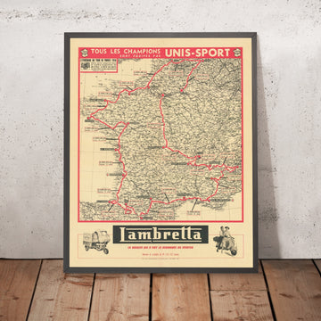 Old Tour de France Official Cycling Route Map, 1956: Paris, Alps, Pyrenees, Lyon, Marseille