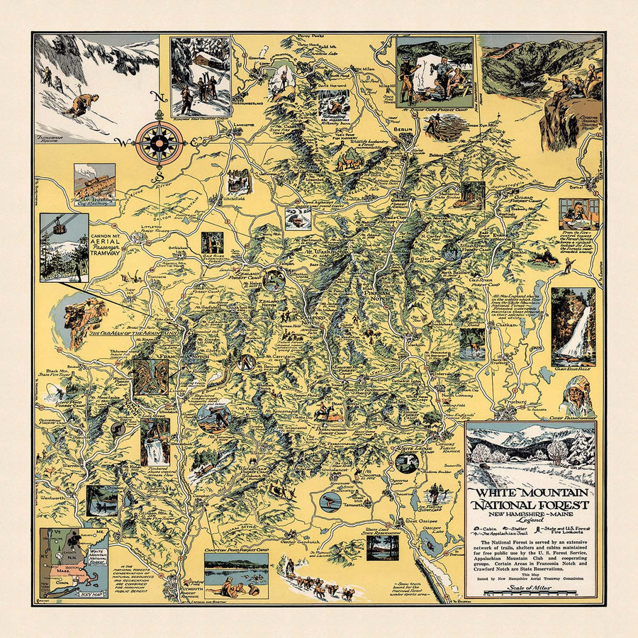 Antica mappa pittorica del White Mountain National Forest, 1930: Cannon Mt., Appalachian Trail, Franconia Notch, Mt. Washington, Conway 